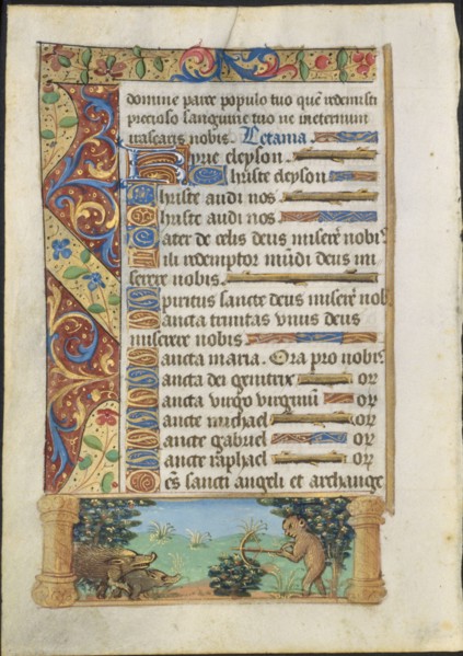 Leaf from a Book of Hours: Ape Hunting Wild Boars, c. 1500-1510. France, Paris or Rouen, 16th