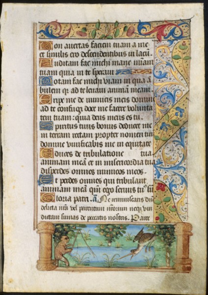 Leaf from a Book of Hours: Ape Fishing, c. 1500-1510. France, Paris or Rouen, 16th century. Ink,