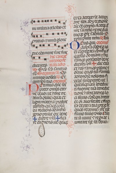 Missale: Fol. 112v: contains some music as part of Palm Sunday liturgy, 1469. Bartolommeo Caporali