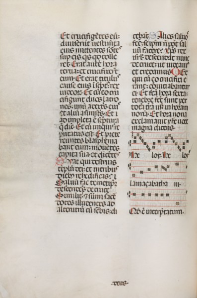 Missale: Fol. 128v: contains music for "Hely Hely Lama etc." within St. Mattion Passion, 1469.