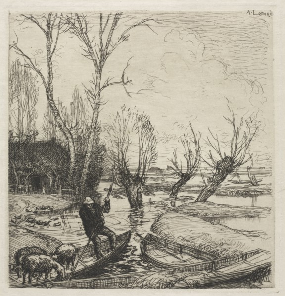 [Man in a Boat with Three Sheep]. Auguste Louis Lepère (French, 1849-1918). Etching; sheet: 32 x 24