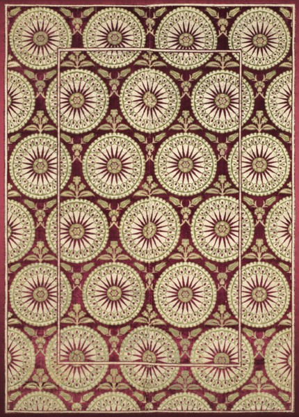 Brocaded velvet cover with sunbursts, early 1600s. Turkey, Istanbul or Bursa. Velvet, brocaded: