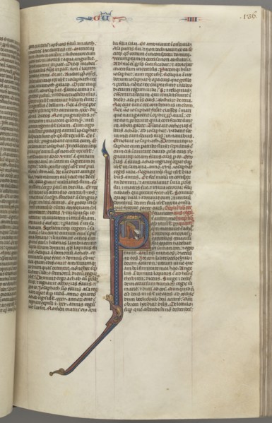 Fol. 136r, Kings IV, historiated initial P, Ahaziah falling from a tower, c. 1275-1300. Southern