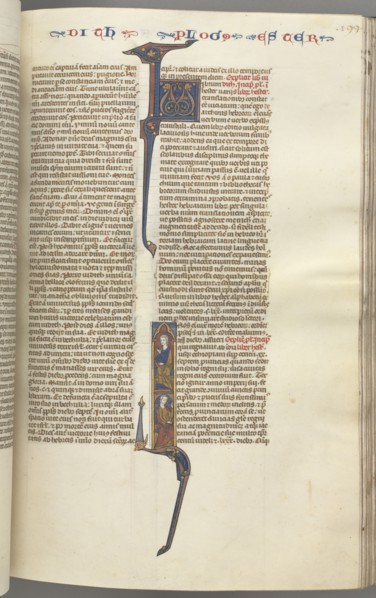 Fol. 199r, Esther, historiated initial, two seated male figures, c. 1275-1300. Southern France,