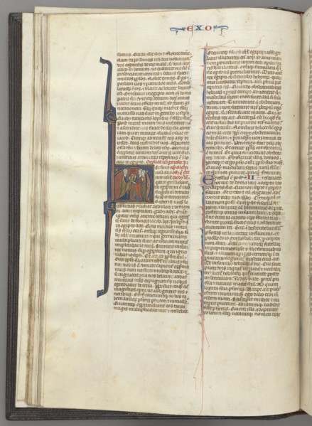 Fol. 20v, Exodus, historiated initial H, Moses and two followers with the tablets of the law, c.