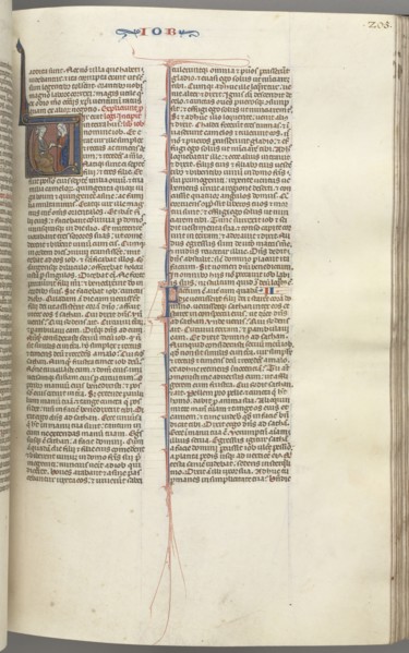Fol. 205r, Job, historiated initial V, Job on the dungheap given a gold earring by one of his