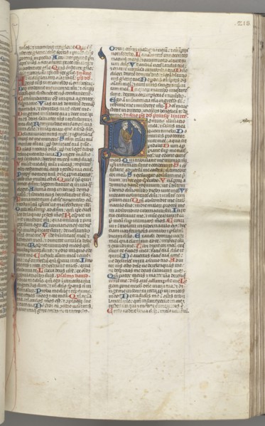 Fol. 218r, Psalm 26, historiated initial D, David kneeling pointing to his eyes, the bust of God