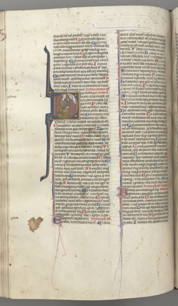 Fol. 220v, Psalm 38, historiated initial D, David kneeling, gesturing to the bust of God above, c.