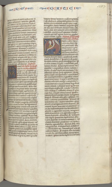 Fol. 257r, Ecclesiasticus, historiated initial O, Sirach seated with a scroll, bust of God above, c