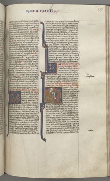 Fol. 317r, Baruch, historiated initial H, Baruch seated at a desk writing on a scroll, c. 1275-1300