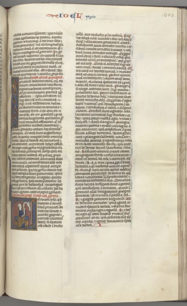 Fol. 353r, Joel, historiated initial V, Joel seated with a scroll, bust of God above, c. 1275-1300.