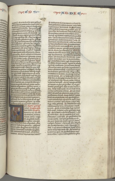 Fol. 357r, Obadiah, historiated initial V, Obadiah and a Jew in discussion, c. 1275-1300. Southern