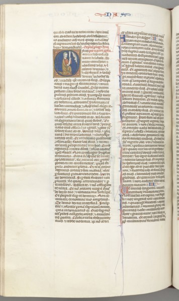 Fol. 360v, Nahum, historiated initial O, Nahum kneeling with a scroll, bust of God above, c.