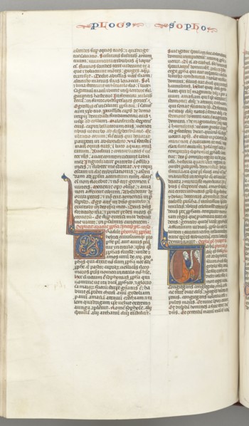 Fol. 362v, Zephaniah, historiated initial V, Zephaniah kneeling with a scroll, bust of God above, c