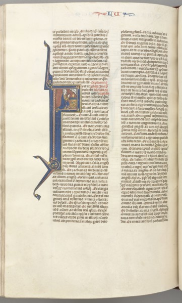 Fol. 412v, Luke, historiated initial F, Luke praying at an altar, bust of God above, c. 1275-1300.