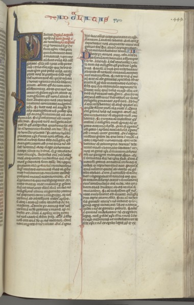 Fol. 449r, Galatians, historiated initial P, Paul seated with a sword, talking to the bust of God
