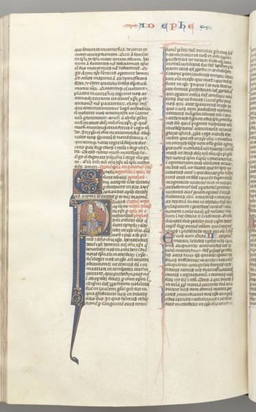Fol. 450v, Ephesians, historiated initial P, Paul seated with a sword, the bust of God above, c.