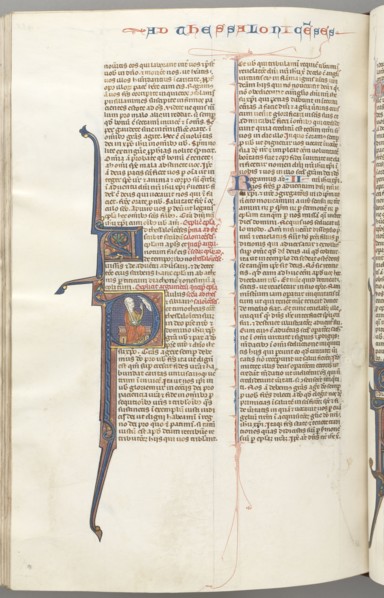 Fol. 455v, Thessalonians II, historiated initial P, Paul seated with a sword, talking to the bust