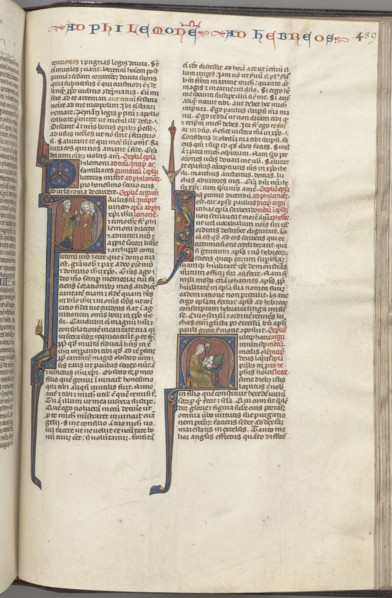 Fol. 459r, Philemon, historiated initial P, Paul addressing three men and Hebrews, historiated