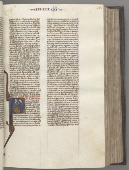 Fol. 86r, Judges, historiated initial R, Judah seated with a book talking to God, c. 1275-1300.