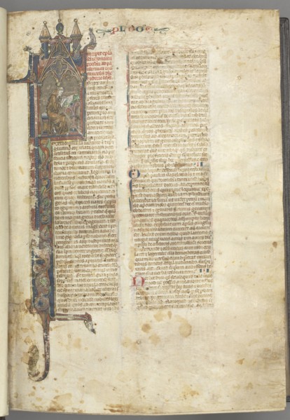 Fol. ir: Prologue, St. Jerome, large historiated initial I, the saint in a brown habit writing at a