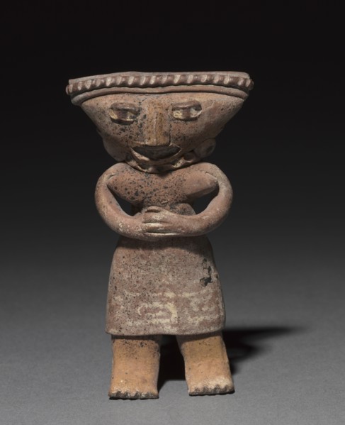 Standing figurine holding an animal (dog?), 300 B.C. to A.D. 300. West Mexico, Colima or Jalisco