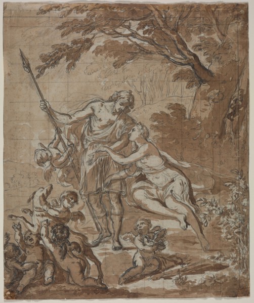Venus and Adonis, 1713. France, 18th century. Black chalk, pen and gray ink with brown wash;