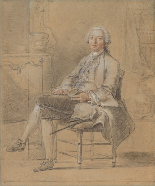 Seated Man Holding a Snuff Box, c. 1750-1760. Attributed to Louis Aubert (French). Black and red