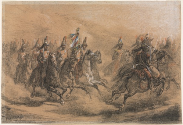 Cavalry Charge, c. 1840. Auguste Raffet (French, 1804-1860). Black, red, yellow, blue and white