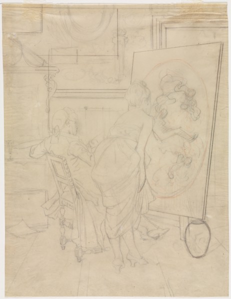 Cartoon for The Opinion of the Model. Charles Bargue (French, 1826-1883). Graphite with red colored