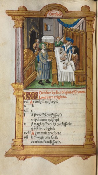 Printed Book of Hours (Use of Rome): fol. 11v, October calendar page, 1510. Guillaume Le Rouge