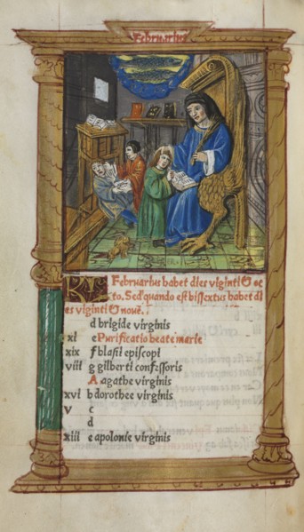 Printed Book of Hours (Use of Rome): fol. 3v, February calendar illustration, 1510. Guillaume Le