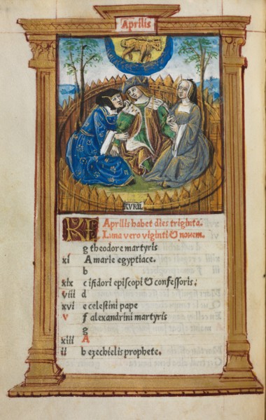 Printed Book of Hours (Use of Rome): fol. 5v, April calendar illustration, 1510. Guillaume Le Rouge