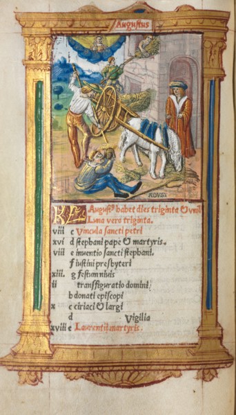 Printed Book of Hours (Use of Rome): fol. 9v, August calendar illustration, 1510. Guillaume Le