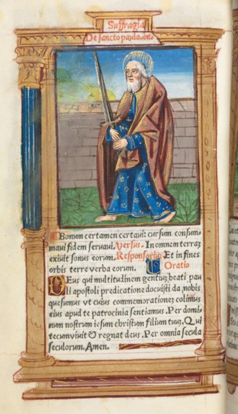 Printed Book of Hours (Use of Rome):  fol. 99v, St. Paul, 1510. Guillaume Le Rouge (French, Paris,