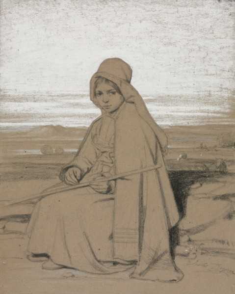 A Seated Shepherdess, 1800s. Jules Dupré (French, 1811-1889). Black chalk with white heightening