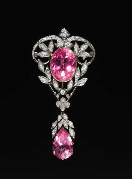 Pendant Brooch, c. 1890-1910. America, late 19th-early 20th century. Pink tourmaline, diamonds,