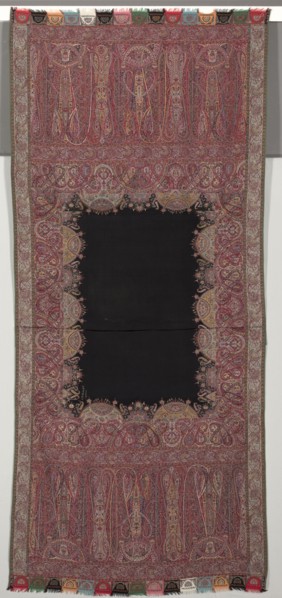 Long Shawl with Black Center and Exotic Four-Sided Gallery in Chinoiserie Style, 1840s. India,