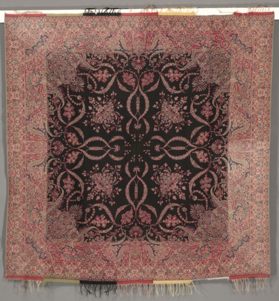 Square Shawl in Renaissance Style with Black Center and Quarter Shawl Layout, 1840s. France, Nimes;