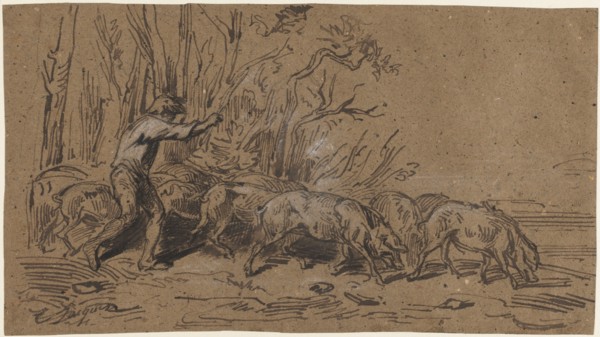 The Truffle Gatherers, c. 1849. Charles-Émile Jacque (French, 1813-1894). Brown ink heightened with
