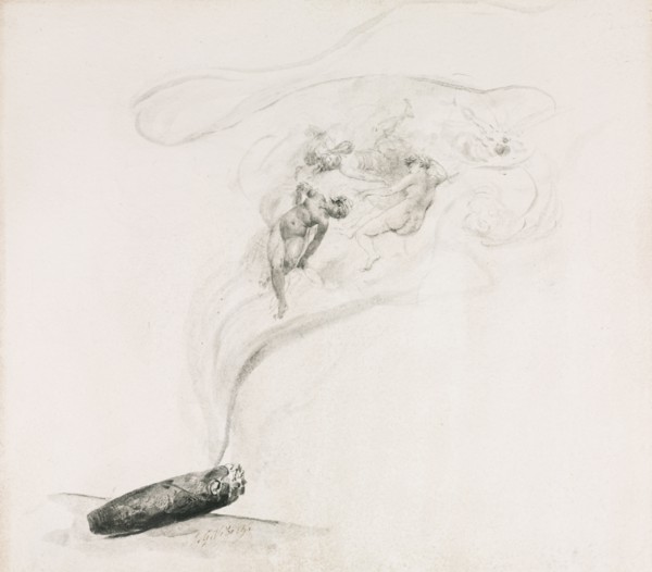 Dans la Fumé, 1800s. Jehan-Georges Vibert (French, 1840-1902). Gray wash with extensive point of