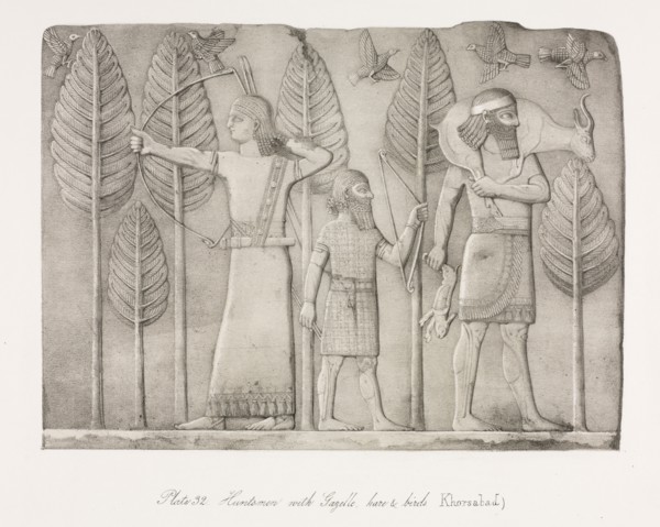 Monuments of Ninevah: Plate 32, Huntsmen with Gazelle, Hare and Birds (Khorsabad), 1853. Austen
