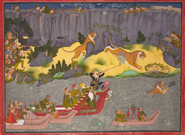 Tiger Hunt of Raja Ram Singh II, c. 1830-1840. Northern India, Rajasthan, Kotah, 19th century.