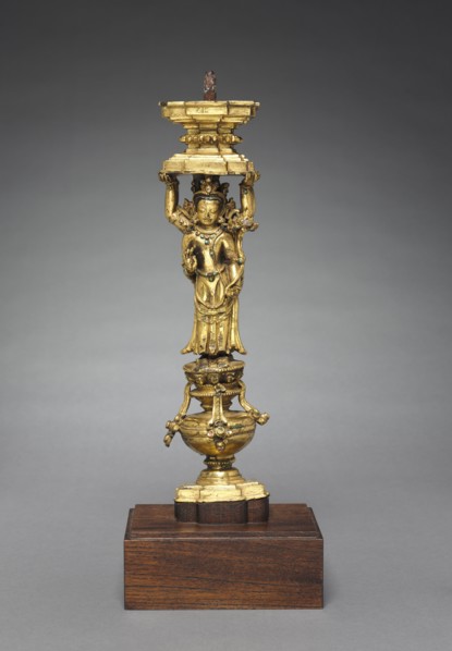 Supports with Addorsed Figures, 1400s. Tibet, Densatil Monastery, 15th century. Gilt bronze;