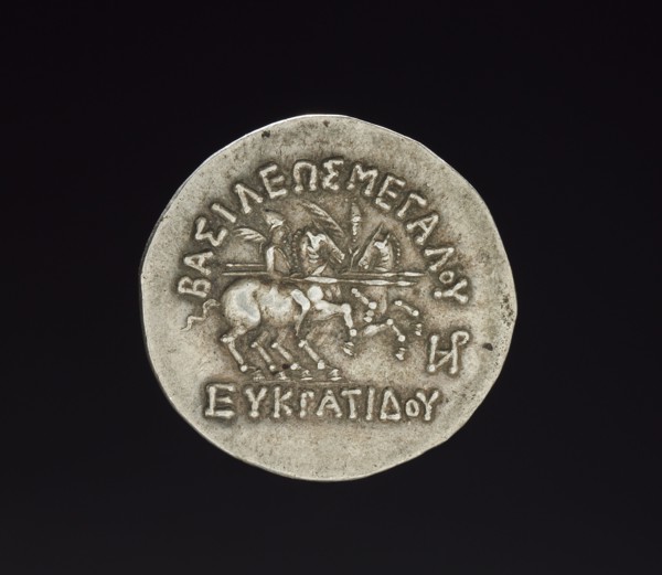 Coin of Eukratides I, 170-145 BC. Afghanistan, Bactria, c. 2nd century BC. Silver; diameter: 3.3 x