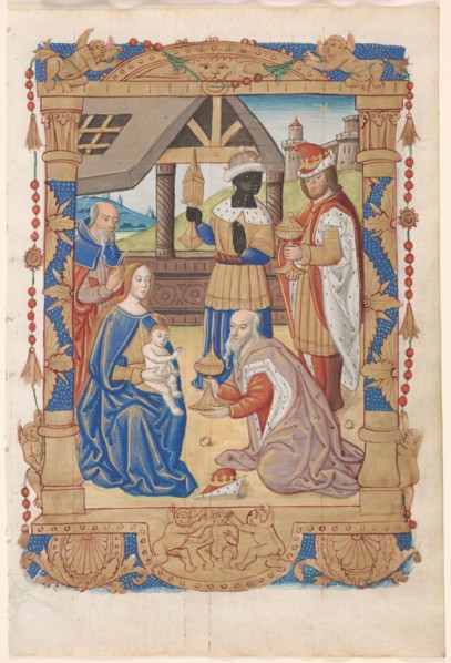 Leaf from a Book of Hours: Adoration of the Magi (recto) and Text with Illustrated Border (verso)