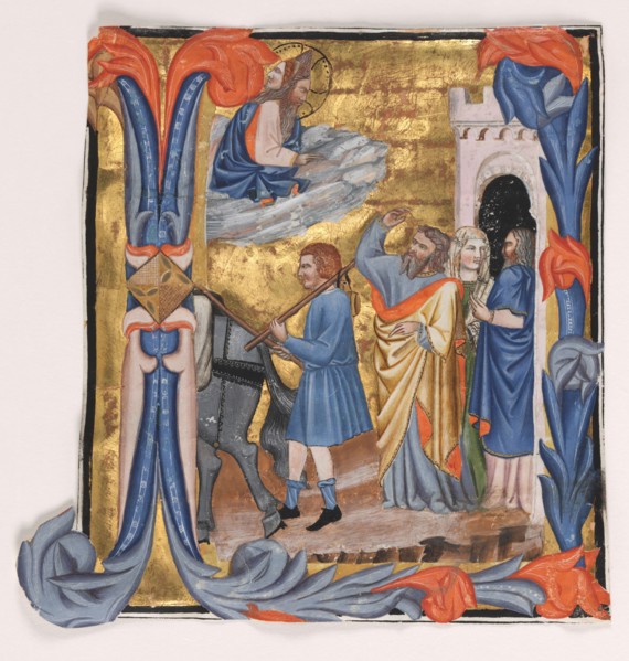Cutting from a Gradual: Initial I with Departure of Tobias, c. 1390. "Master of Noah's Ark"