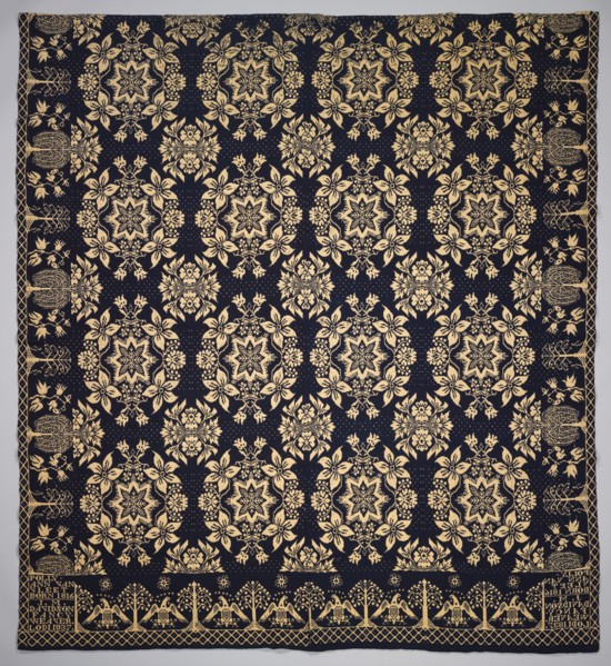 Coverlet, 1837. J.M. Davidson (American). Double weave; blue wool and white cotton; overall: 235 x
