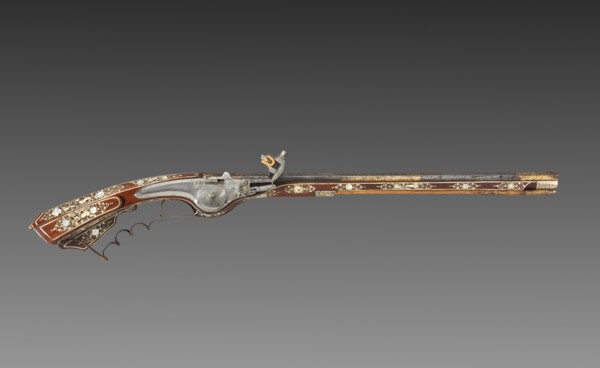 Wheel-lock Petronel, c. 1630. Georg Kurland (Polish). Steel, gilding, and wood inlaid with elk