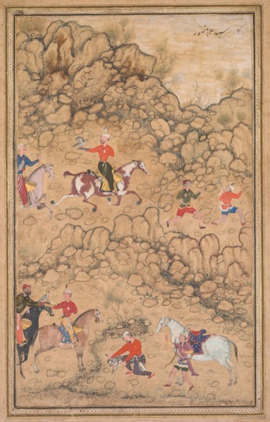 Hunting with Falcons in a Landscape, c. 1558-1560; borders added probably 1700s. Attributed to Abd